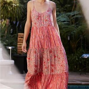 Nwt Roller Rabbit Dress Long Maxi Cover Up dakota Pink Floral Tired Boho Resort
